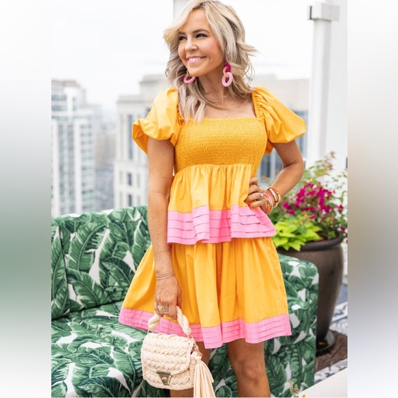 English Factory Dress M Clementine Punch Mini Puff Sleeve Smocked Tiered Preppy - Picture 2 of 13